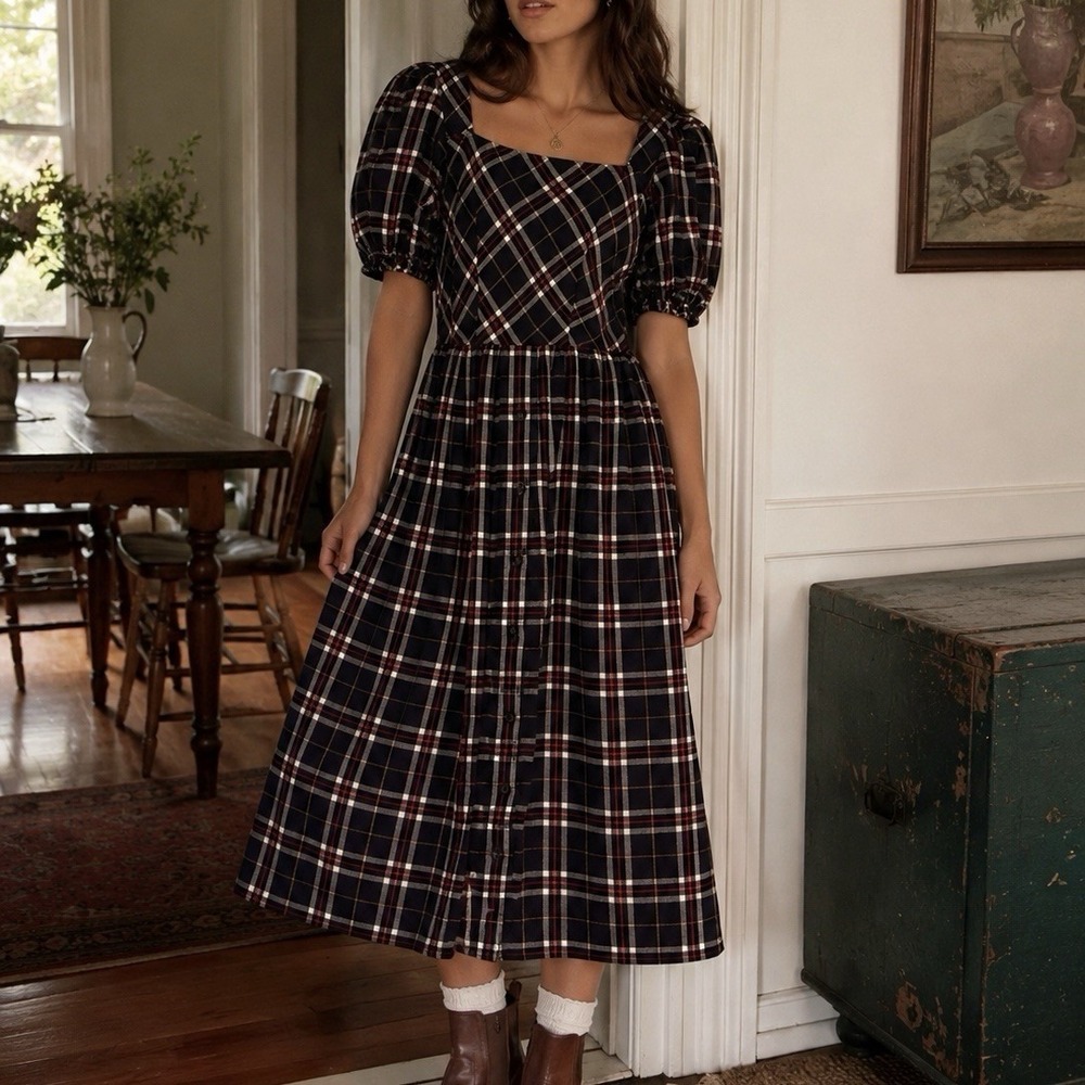 Victoria Dunn Plaid Flannel Puff Sleeve Prairie Midi Dress Cottagecore Sz XS